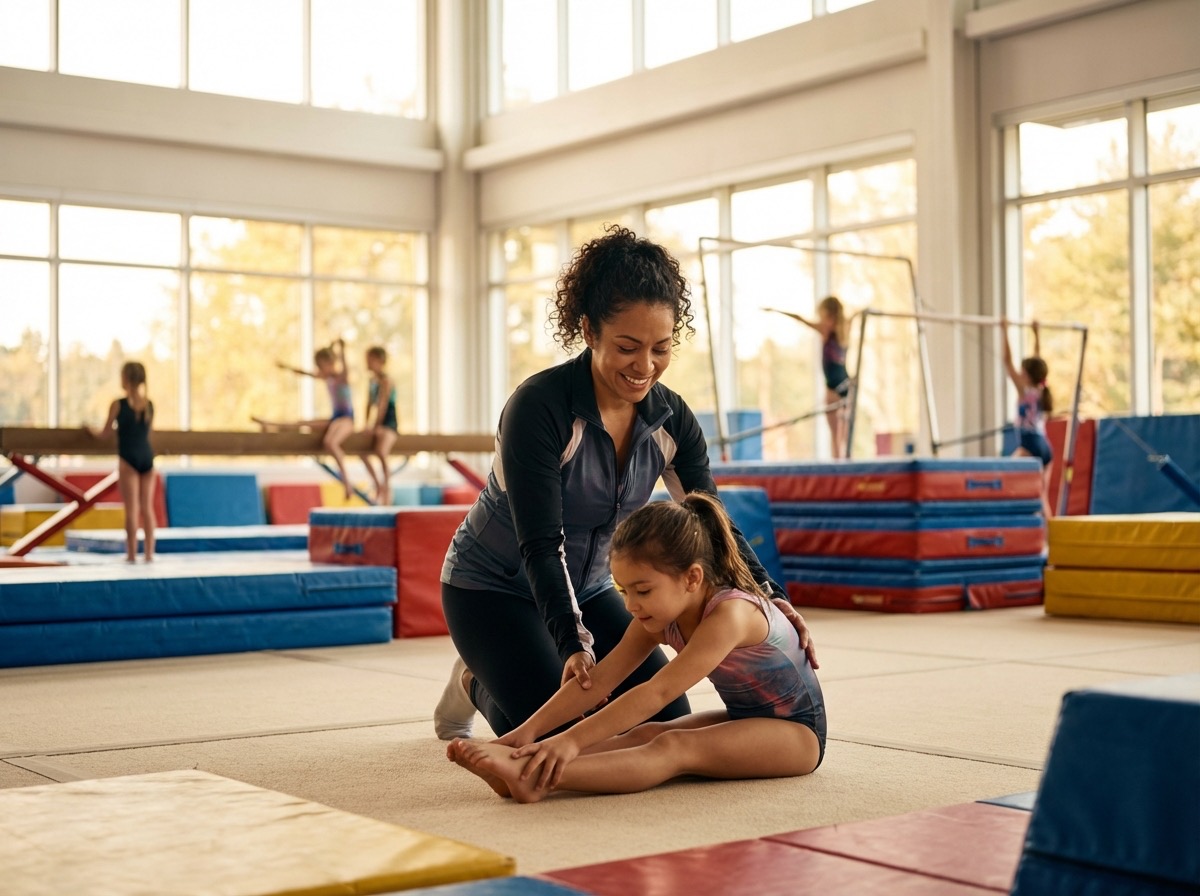 Entrenadora de gimnasia con sus gimnastas